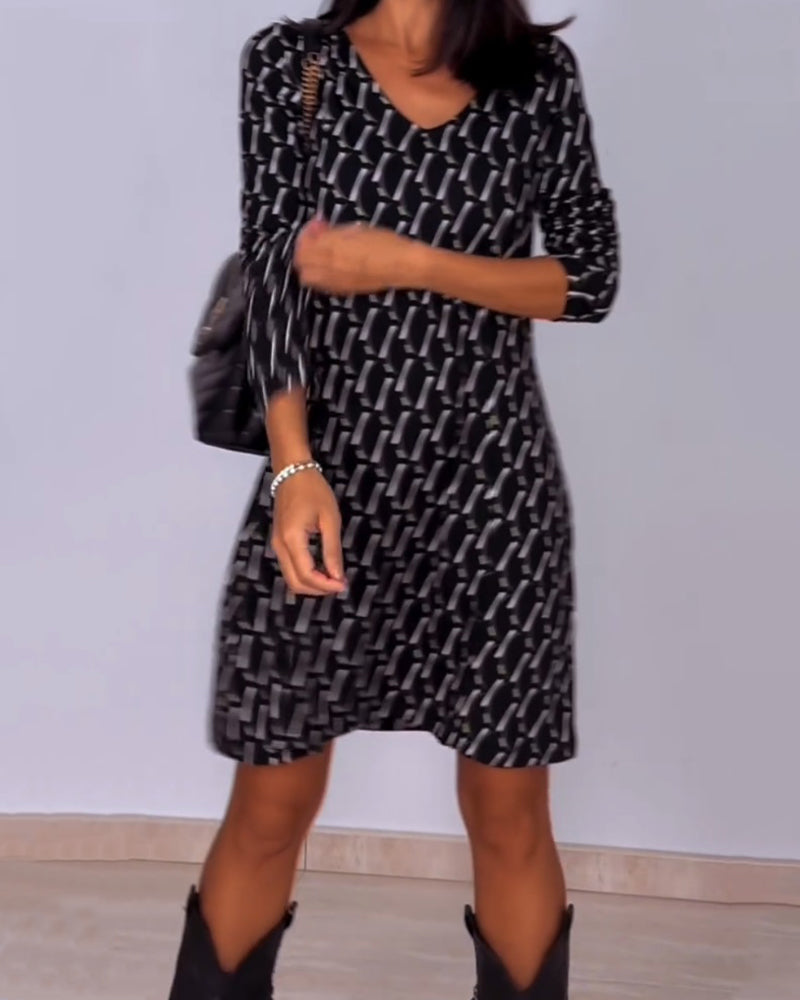 DAFNE - Vestido corto de manga tres cuartos con escote en V y estampado geométrico™