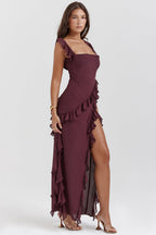DANIELA - Vestido largo de tirantes con volantes fluidos y abertura lateral™