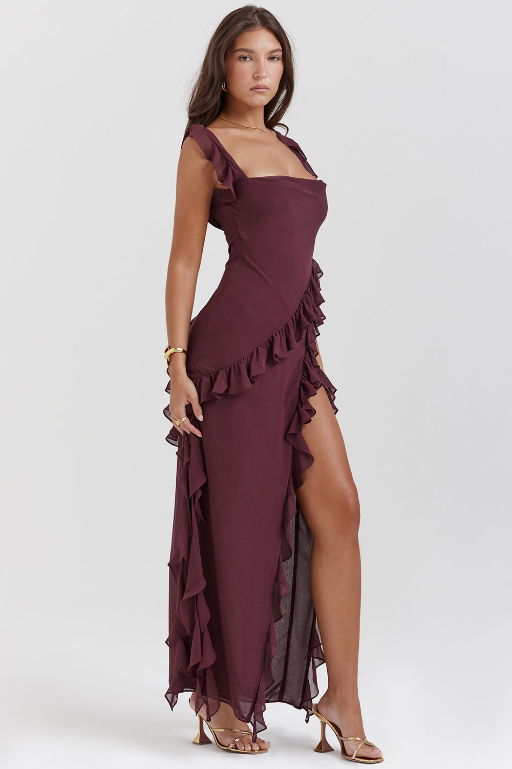DANIELA - Vestido largo de tirantes con volantes fluidos y abertura lateral™
