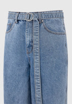ADAM-Vaquero Wide Leg con Cinturón en Azul Lavado