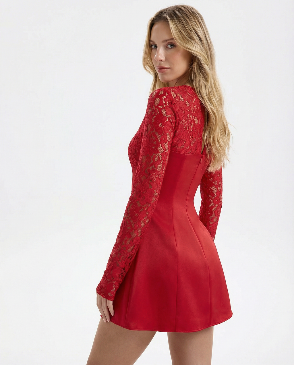 INMA - Minivestido ajustado de encaje rojo con mangas largas™