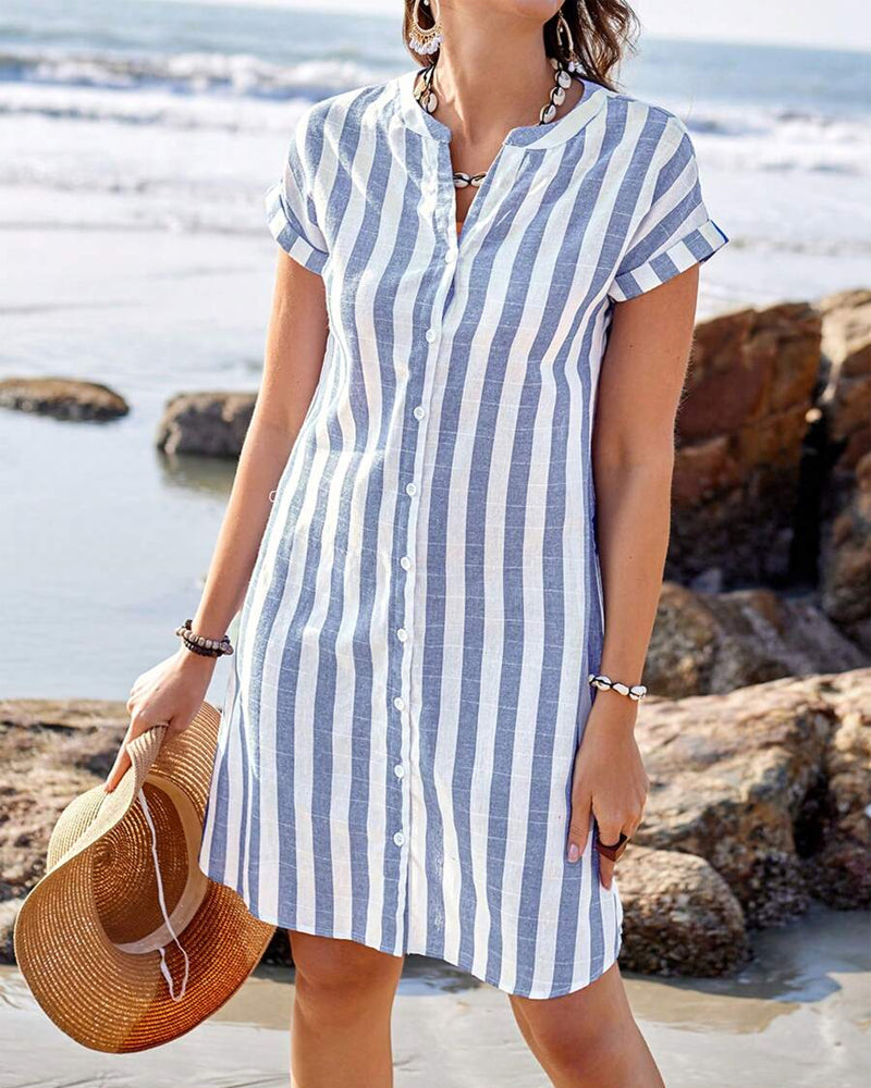 NAIA - Vestido camisero corto de rayas con escote en V y cuello solapa™