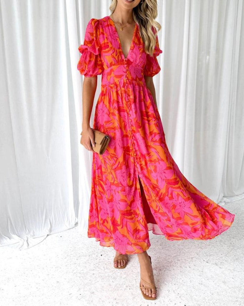 CORA - Vestido maxi fluido con escote en V, estampado floral y mangas abullonadas™