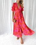 CORA - Vestido maxi fluido con escote en V, estampado floral y mangas abullonadas™