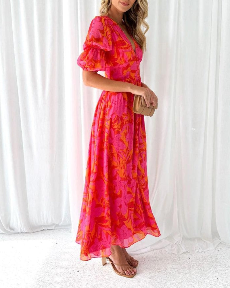 CORA - Vestido maxi fluido con escote en V, estampado floral y mangas abullonadas™