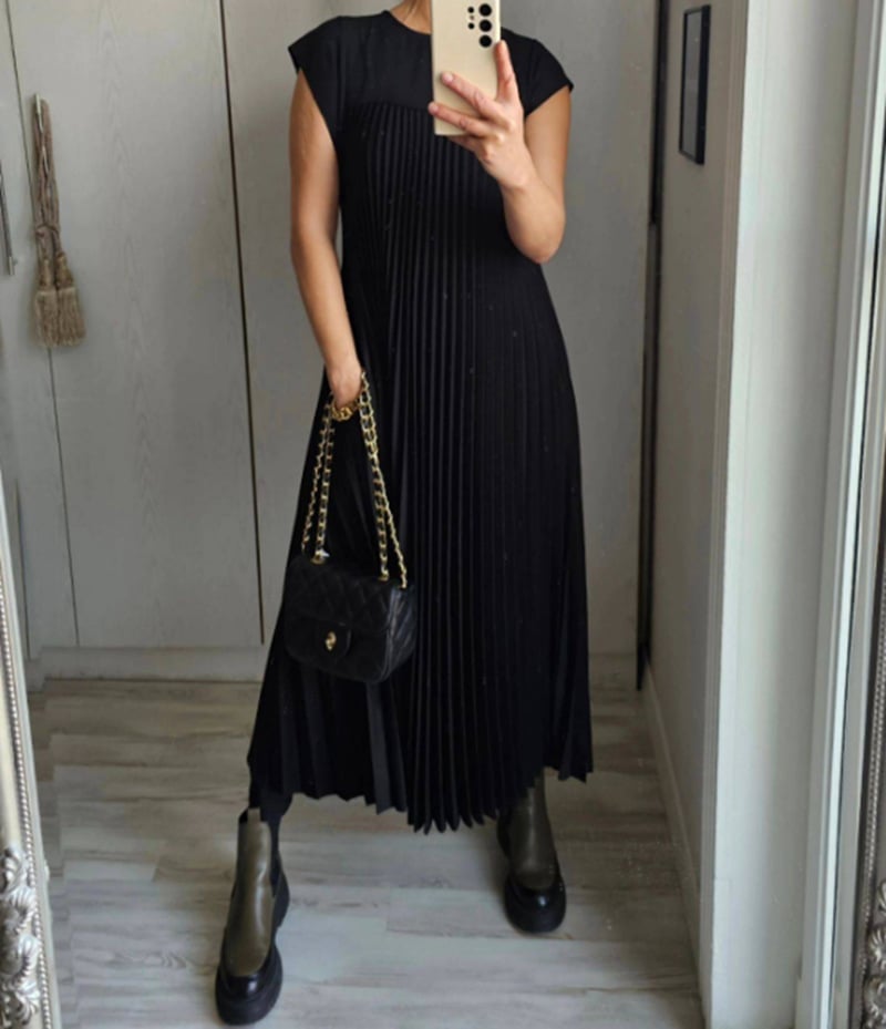 CHLOE - Vestido largo plisado sin mangas de corte evasé estilo túnica™
