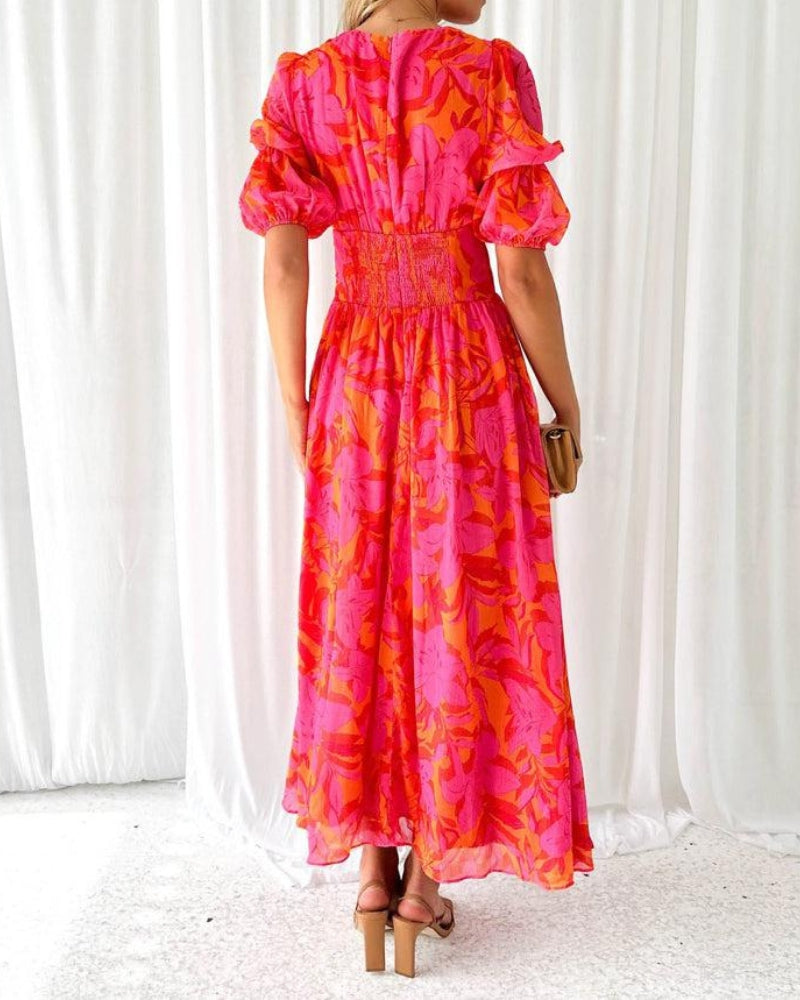 CORA - Vestido maxi fluido con escote en V, estampado floral y mangas abullonadas™