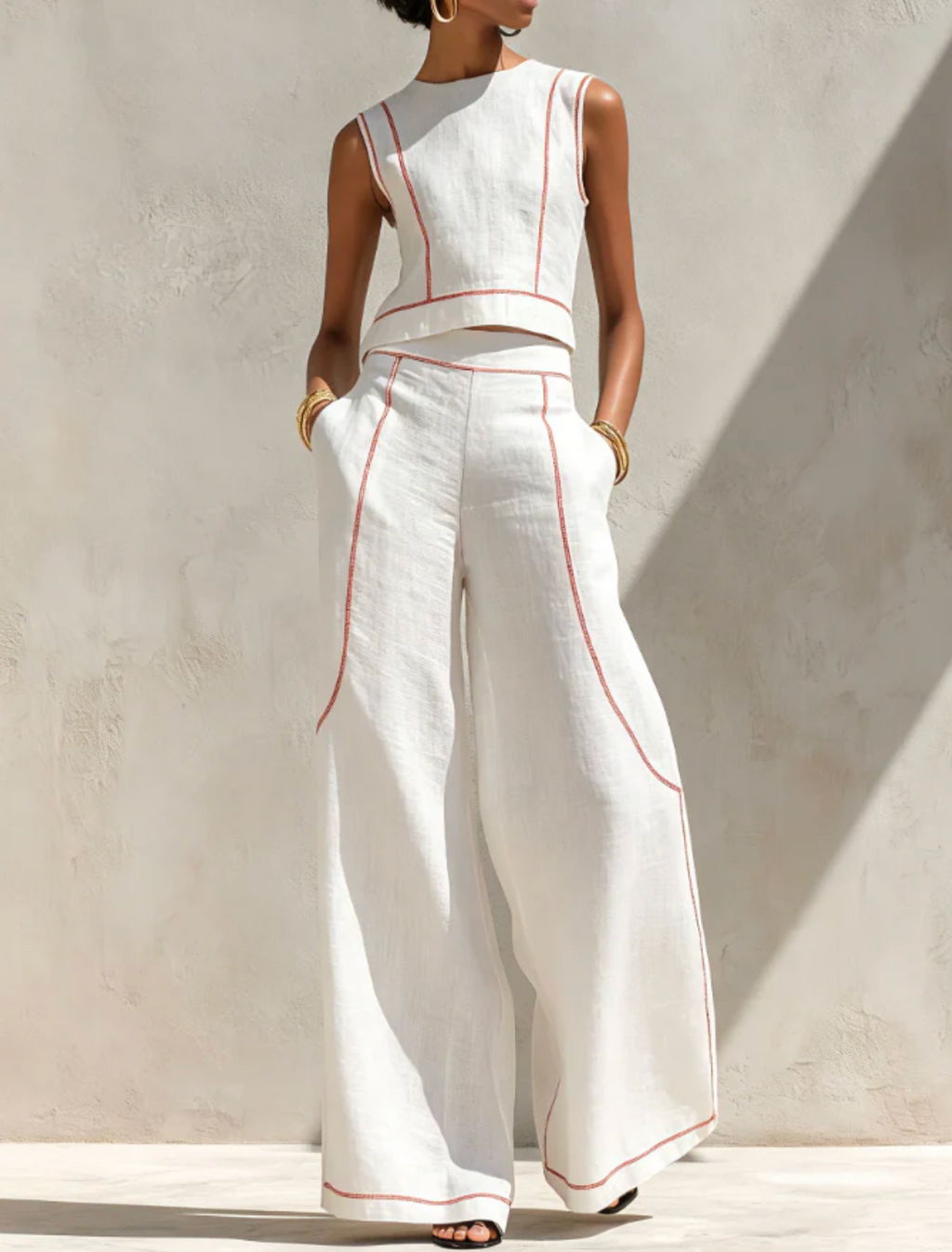 VICTORIA | Conjunto Blanco con Top sin Mangas y Pantalón de Pierna Ancha™