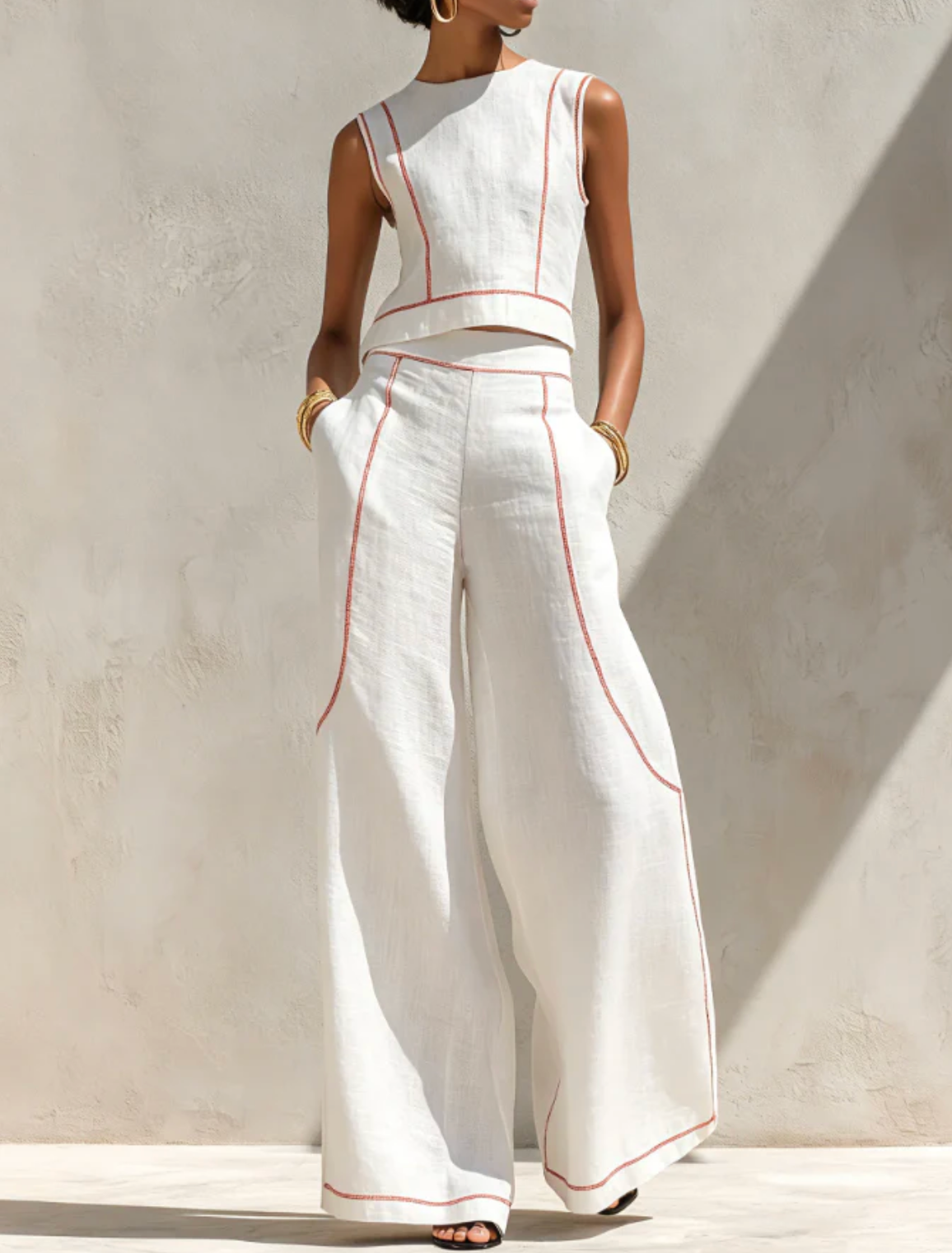 VICTORIA | Conjunto Blanco con Top sin Mangas y Pantalón de Pierna Ancha™