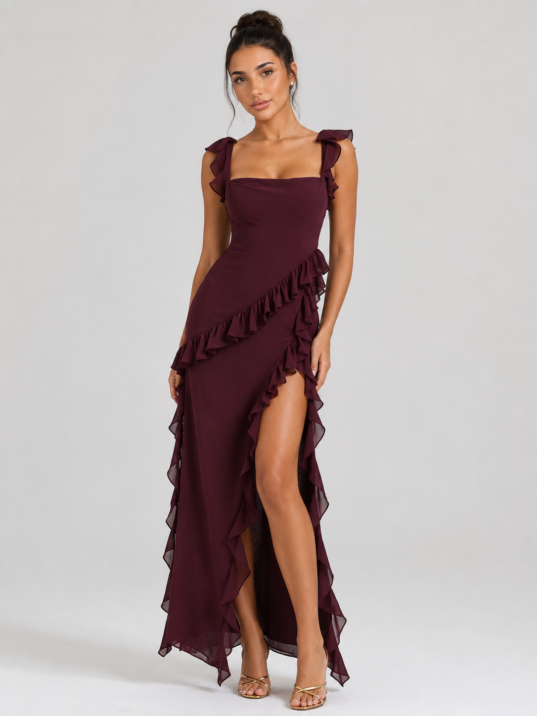 DANIELA - Vestido largo de tirantes con volantes fluidos y abertura lateral™