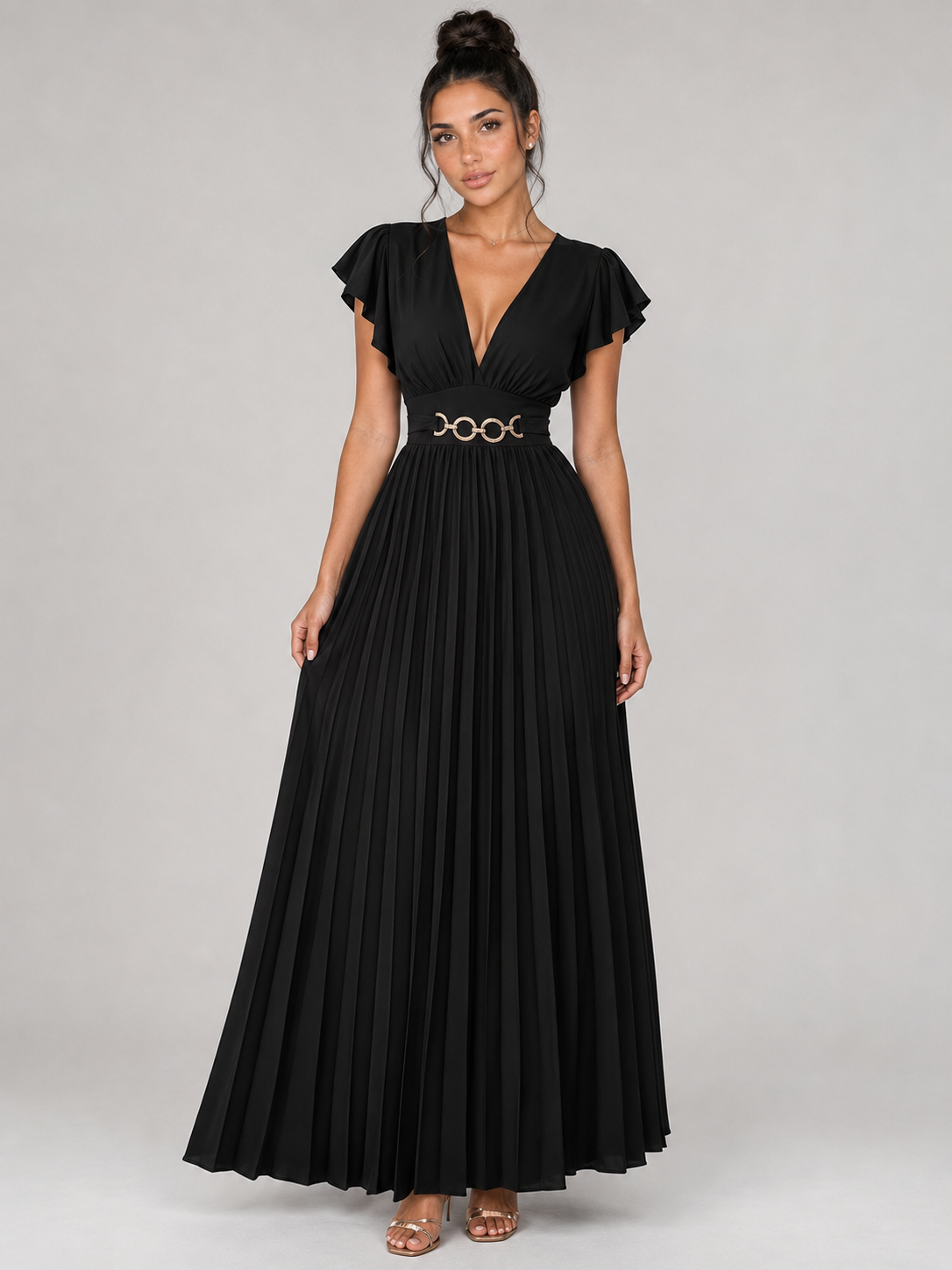 VALERIA - Vestido largo plisado con escote en V, mangas de volante y cinturón metálico™