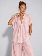 CARLA - Conjunto de dos piezas de camisa fluida y pantalón ancho con puntilla de encaje™