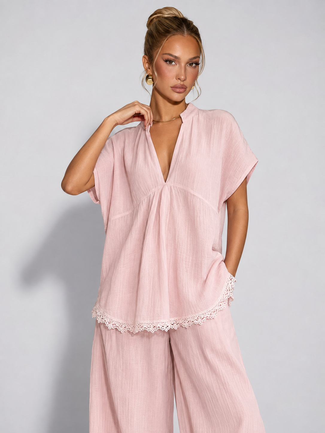 CARLA - Conjunto de dos piezas de camisa fluida y pantalón ancho con puntilla de encaje™
