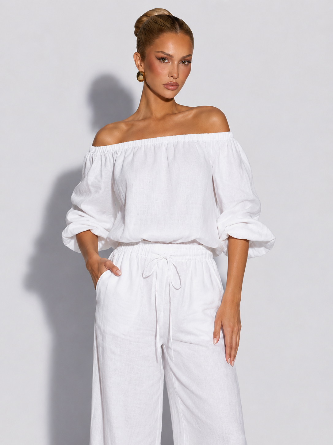 MARTINA - Conjunto de lino de dos piezas con top de hombros descubiertos y pantalón holgado™