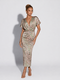 CALANDRA - Vestido midi estampado de fiesta con escote en V y nudo drapeado™