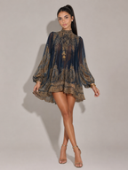 MARINA - Minivestido de muselina azul marino con estampado bohemio y cuello perla™