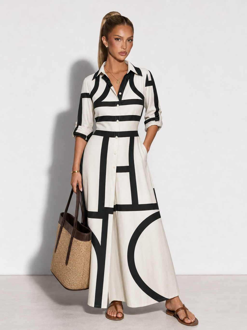 ANGIE - Vestido camisero midi con estampado geométrico abstracto™