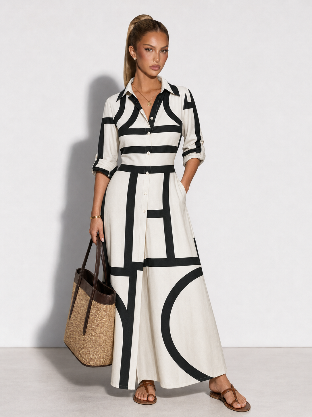 ANGIE - Vestido camisero midi con estampado geométrico abstracto™