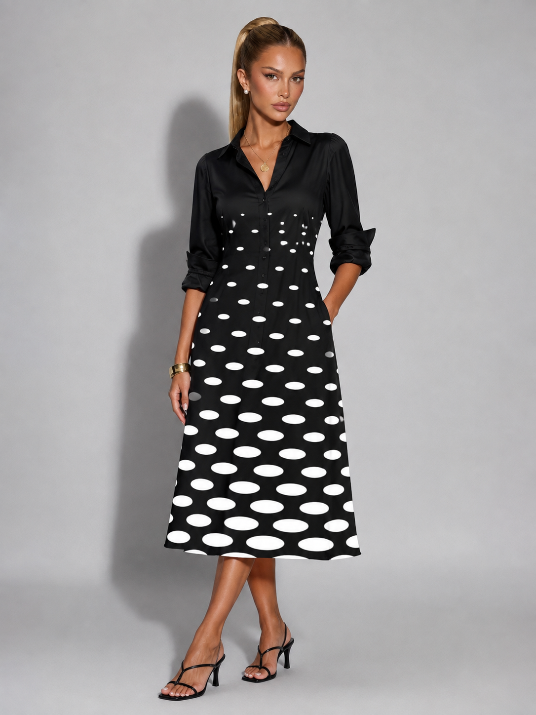 FABIANA - Vestido camisero midi con estampado de lunares y talle holgado™