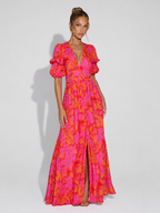 CORA - Vestido maxi fluido con escote en V, estampado floral y mangas abullonadas™