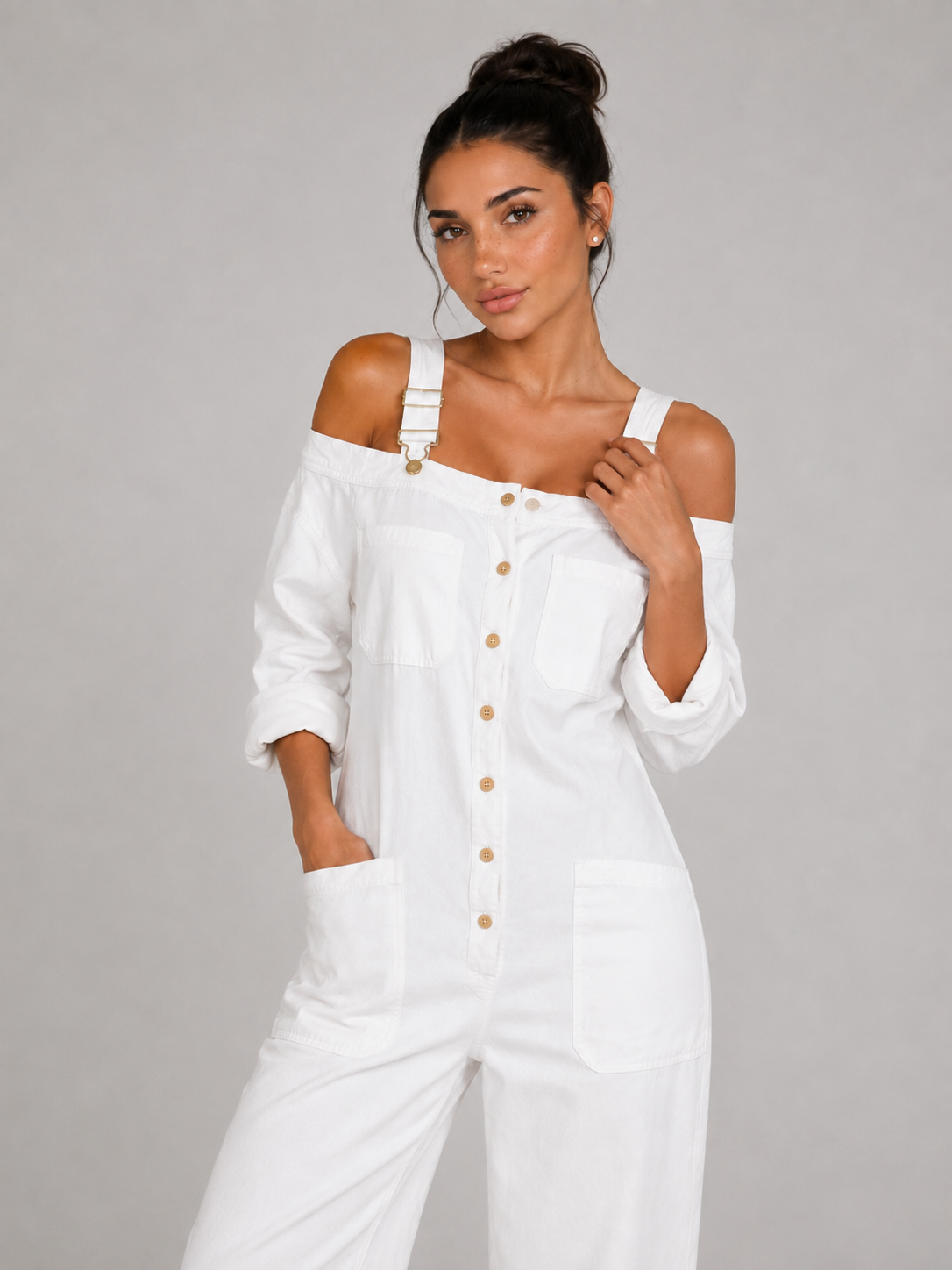 INÉS- Mono con hombros descubiertos, perneras anchas y bolsillos™