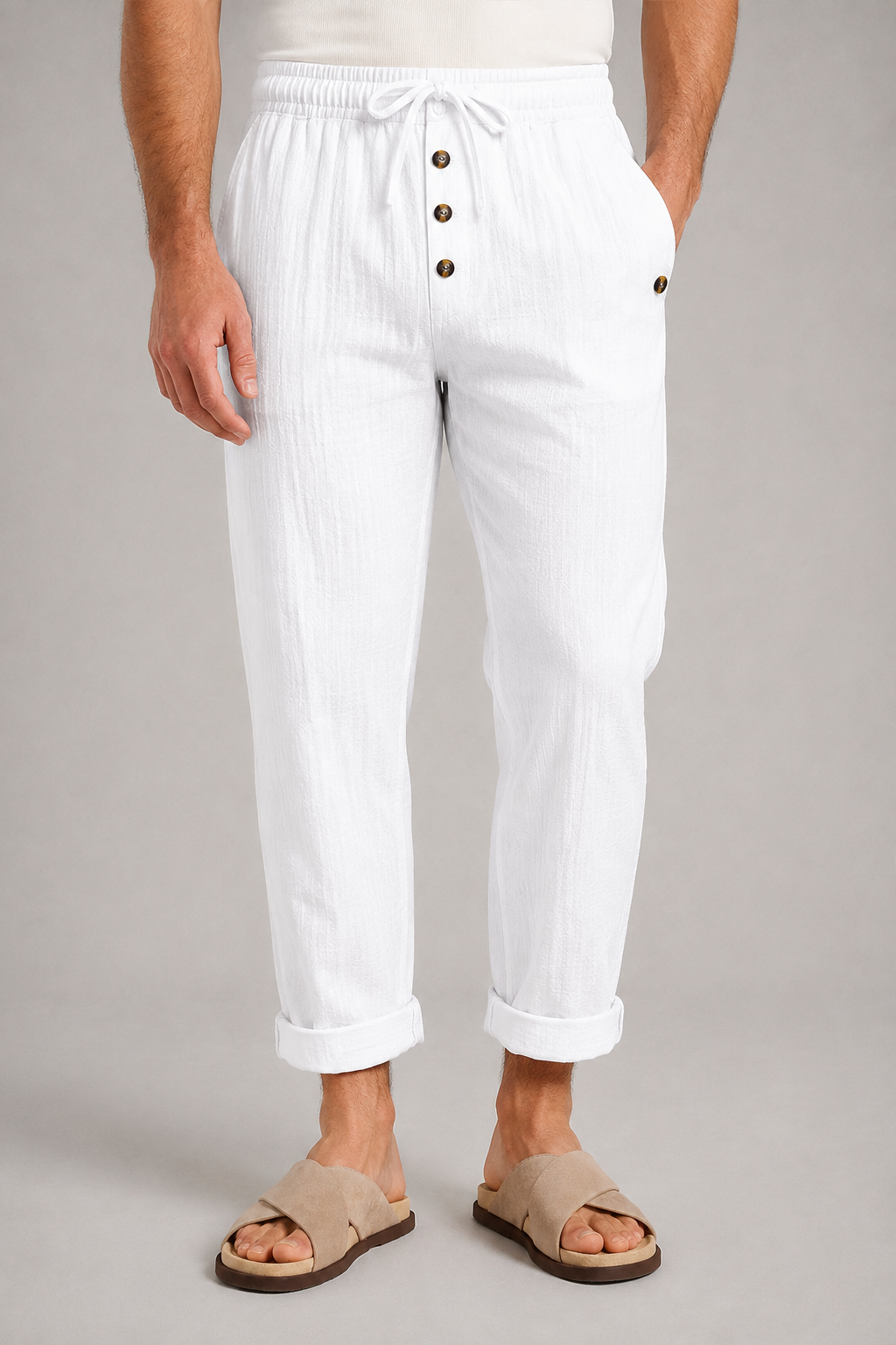 KAEL - Pantalones de lino de corte relajado con cierre lateral de botones y bragueta™