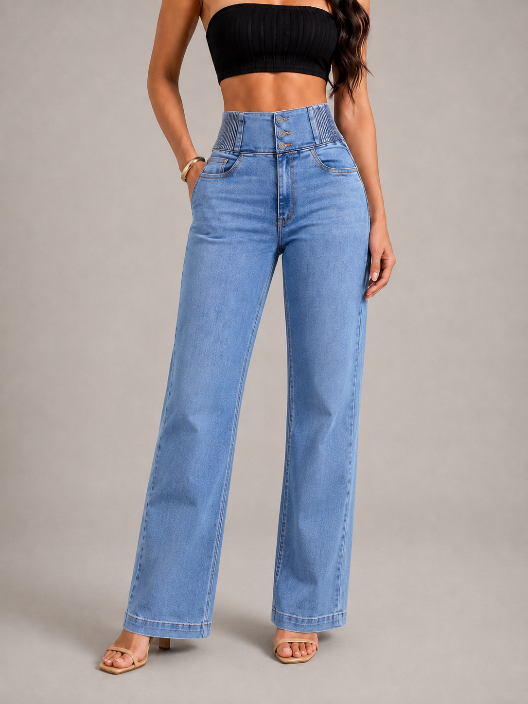 LAURA - Pantalones vaqueros acampanados de tiro alto con cintura elástica ajustada™