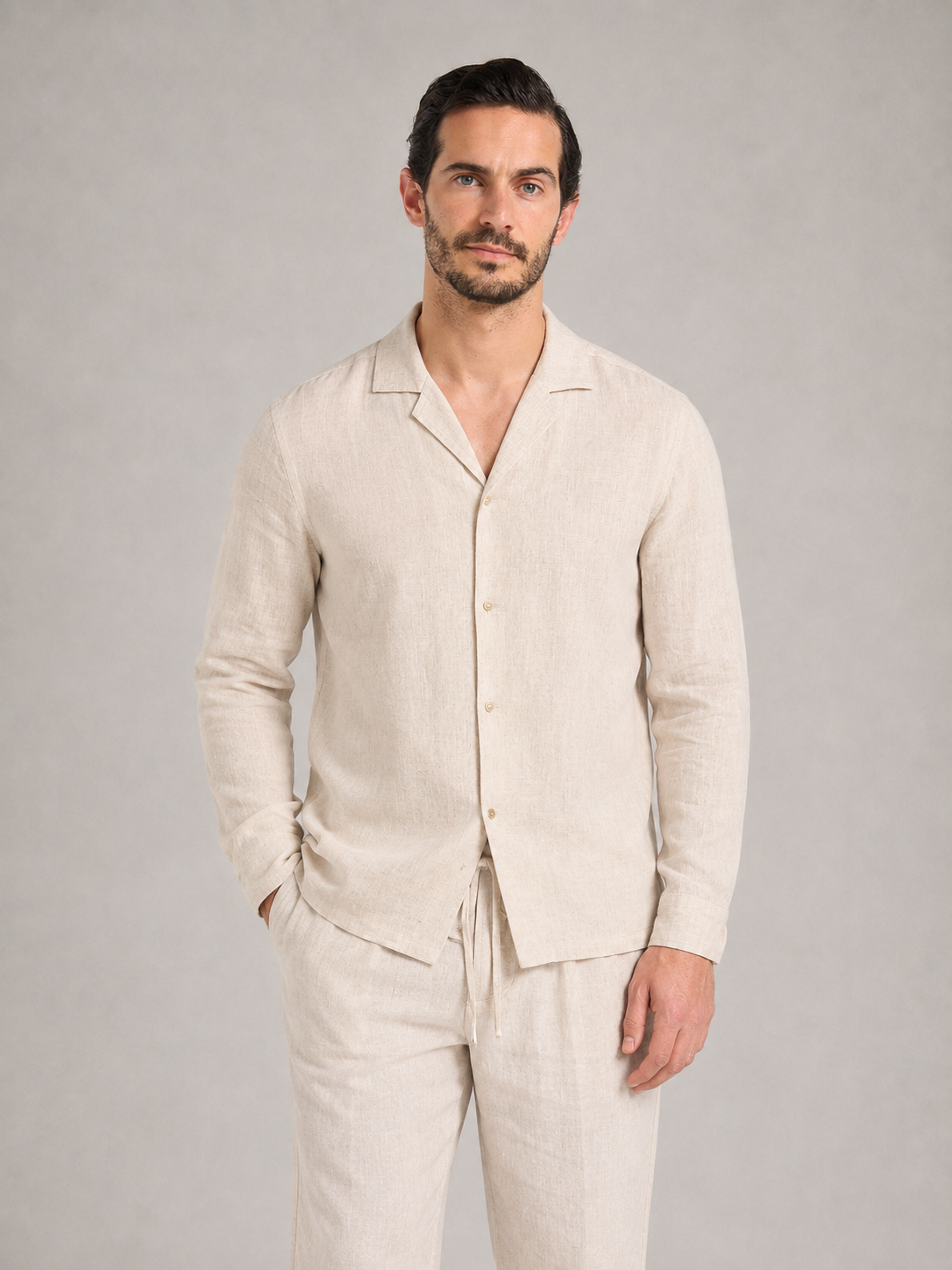 AMARO - Conjunto de lino de dos piezas con camisa de cuello solapa y pantalón con cordón™