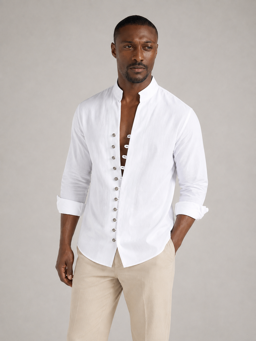 LORENZO - Camisa casual de efecto lino con cuello mao™