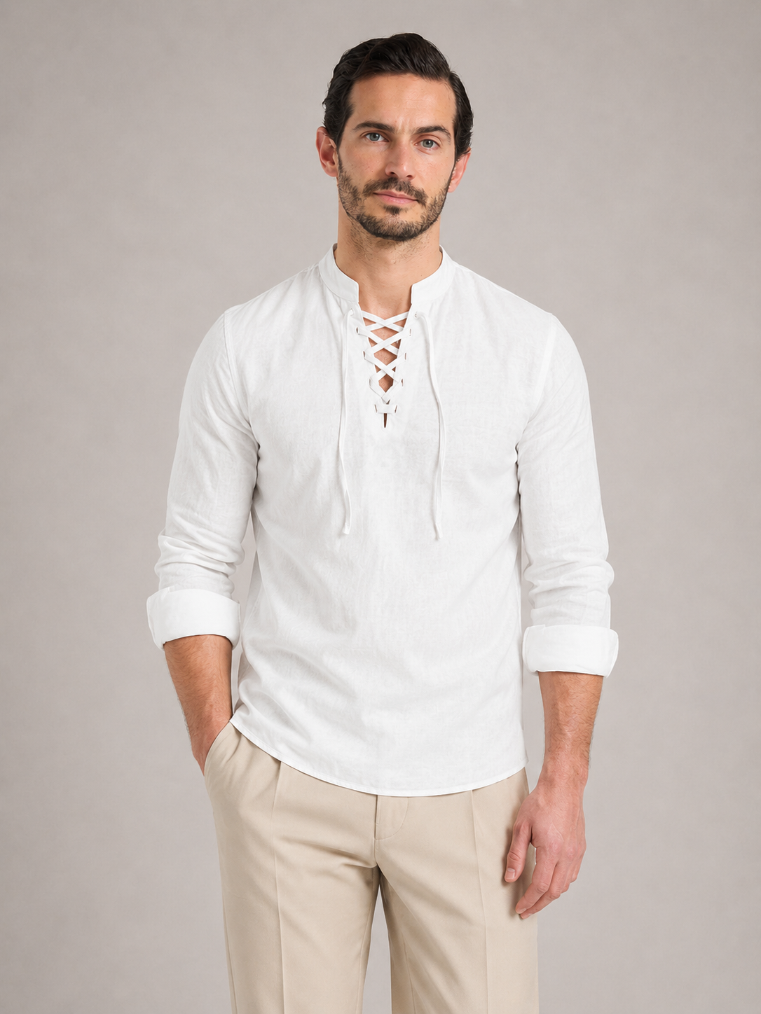 GABRI - Camisa de manga corta de lino con escote Henley acordonado™