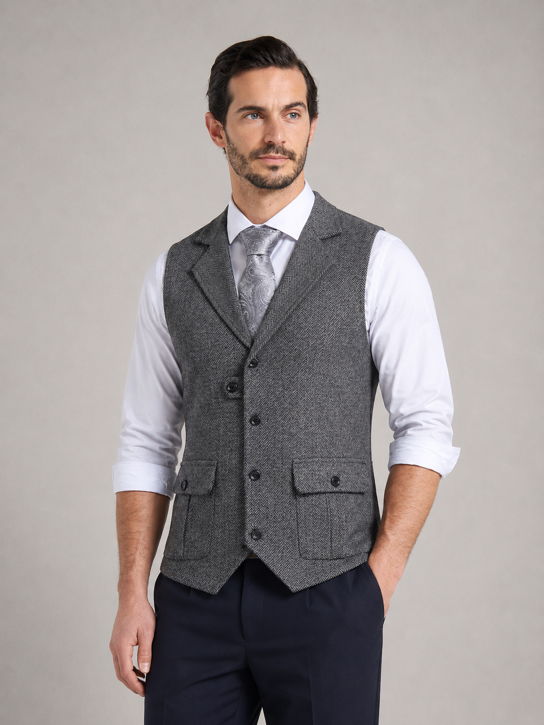 ALONSO - Chaleco sartorial cruzado de vestir con textura en espiga™