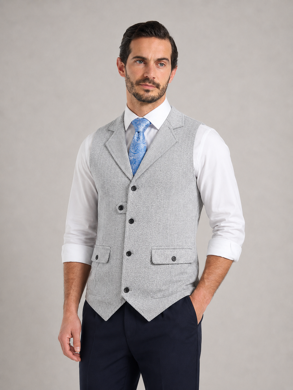 STEFANO - Chaleco sartorial clásico de vestir con textura jaspeada y solapa
