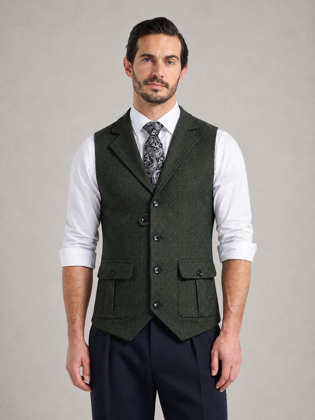 VALERIO - Chaleco sartorial clásico en paño de espiga verde oliva con solapas™