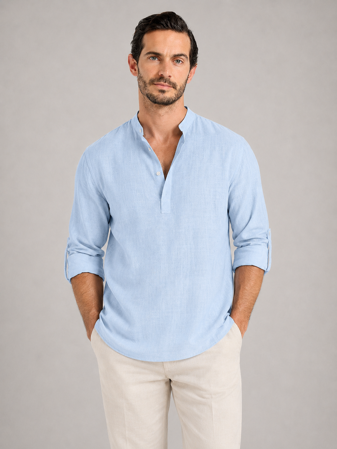 CÉSAR - Camisa de lino de manga larga con escote en V y cuello henley/mao™