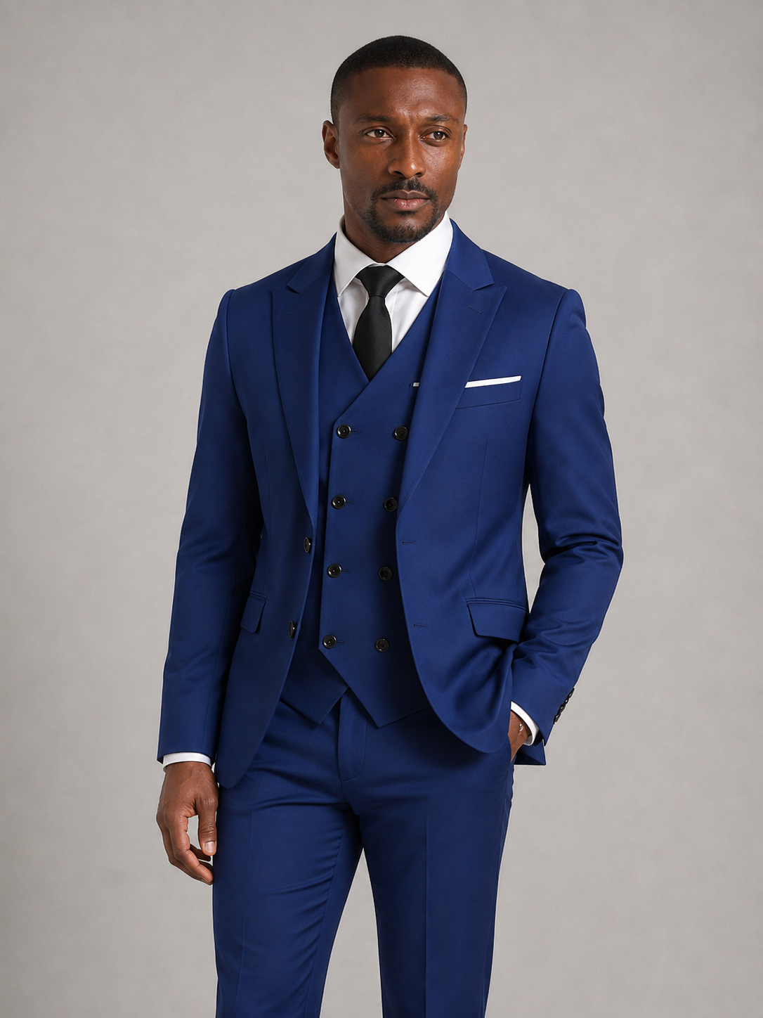 STEVEN - Traje sartorial cruzado de tres piezas en azul marino con chaleco cruzado™