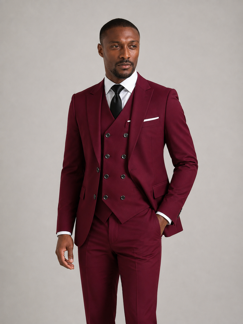 RODRIGO - Traje sartorial cruzado de tres piezas en burdeos con chaleco cruzado™