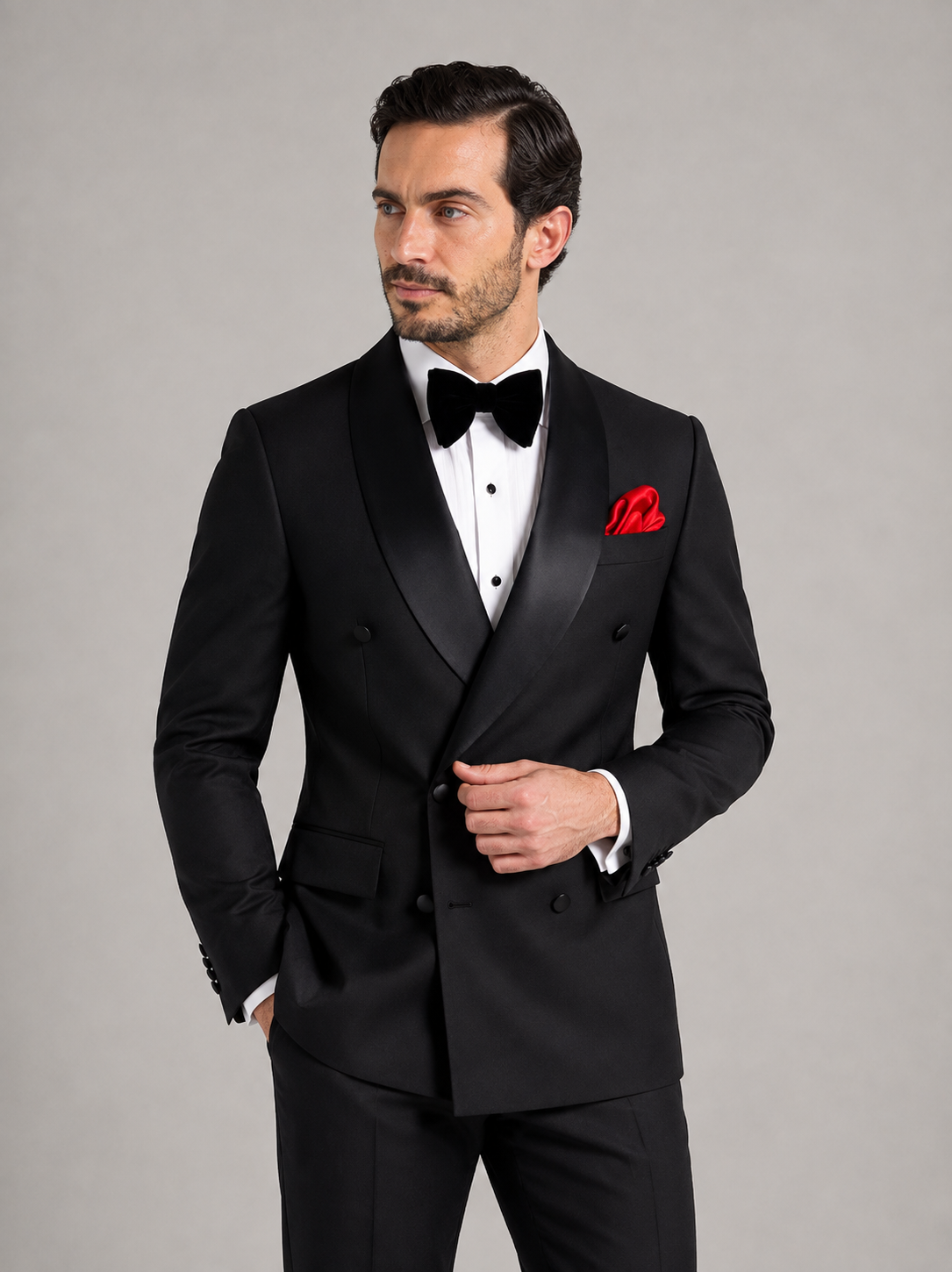 JUÁN - Esmoquin de gala cruzado en negro con solapa de raso y pajarita™