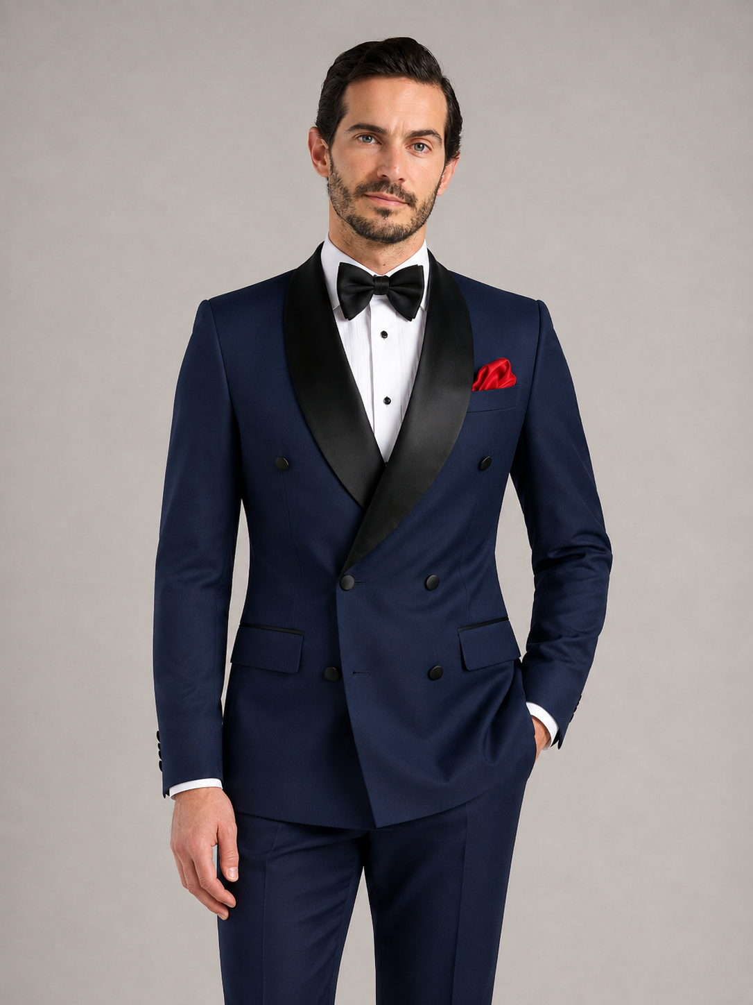JULIÁN - Esmoquin de gala cruzado en azul noche con solapa de raso y pajarita™
