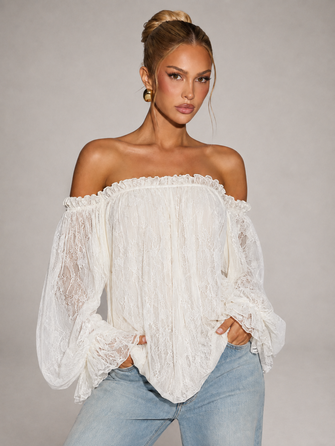 DANIELA - Blusa romántica de encaje con hombros descubiertos y manga larga™
