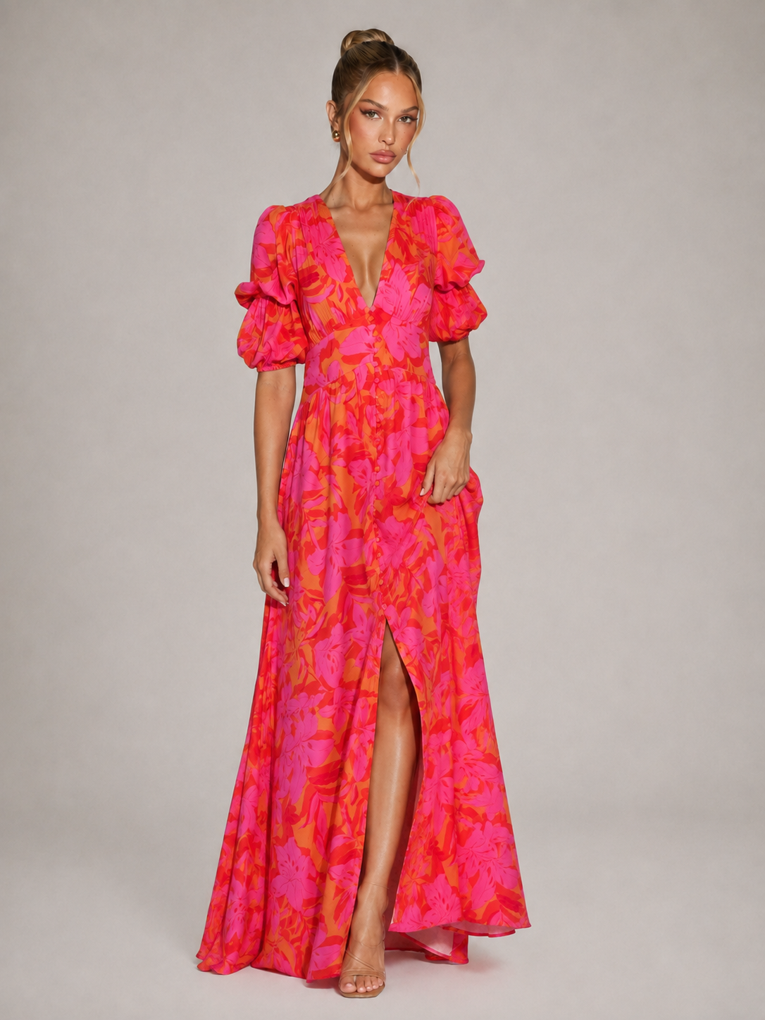 CORA - Vestido maxi fluido con escote en V, estampado floral y mangas abullonadas™