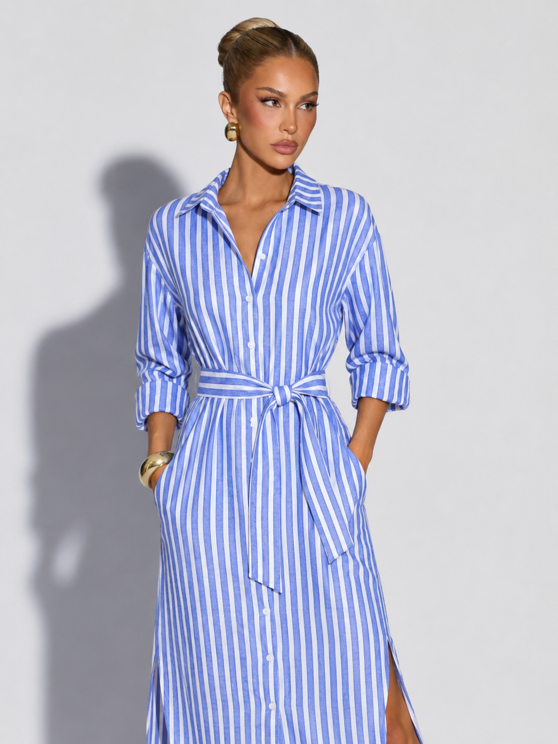 MAR - Vestido camisero midi a rayas con cinturón de lazo™