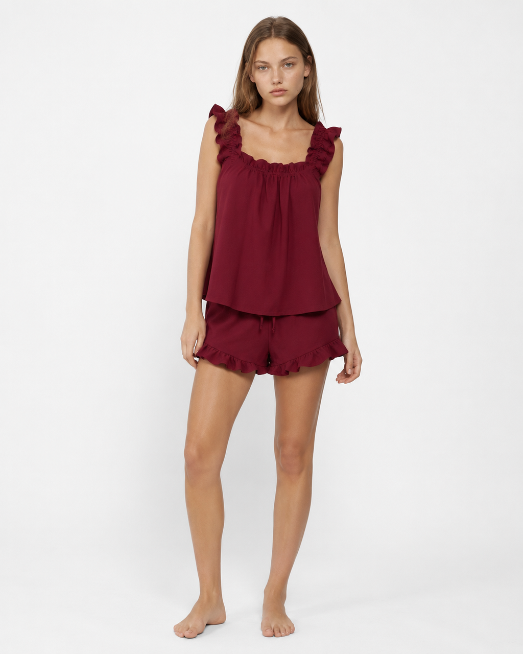 BLANCA - Conjunto de pijama de tirantes anchos con fruncido y shorts con volantes™