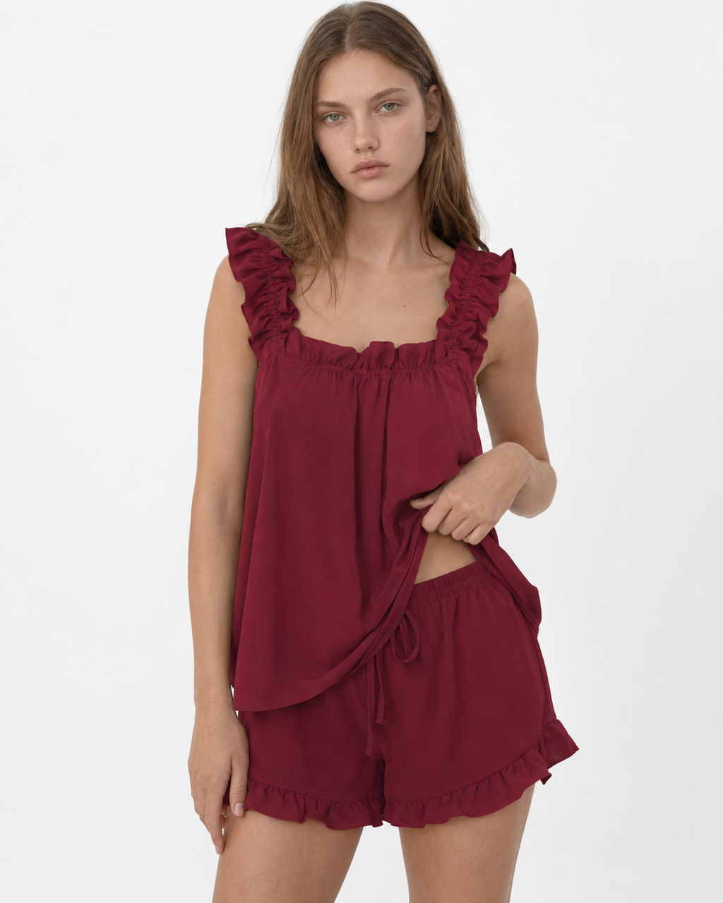 BLANCA - Conjunto de pijama de tirantes anchos con fruncido y shorts con volantes™
