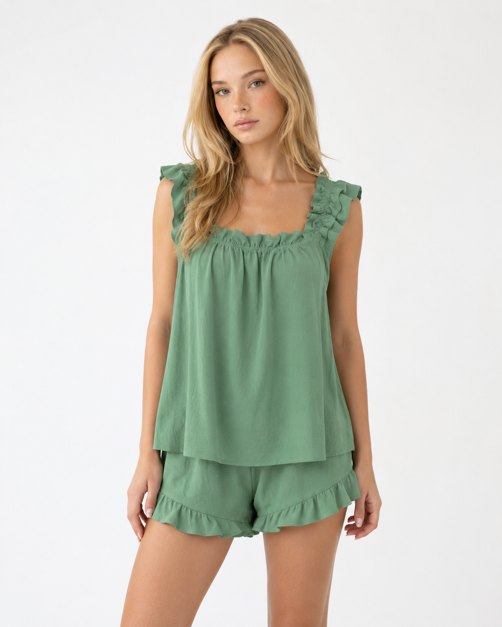 BLANCA - Conjunto de pijama de tirantes anchos con fruncido y shorts con volantes™