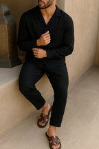 AMARO - Conjunto de lino de dos piezas con camisa de cuello solapa y pantalón con cordón™