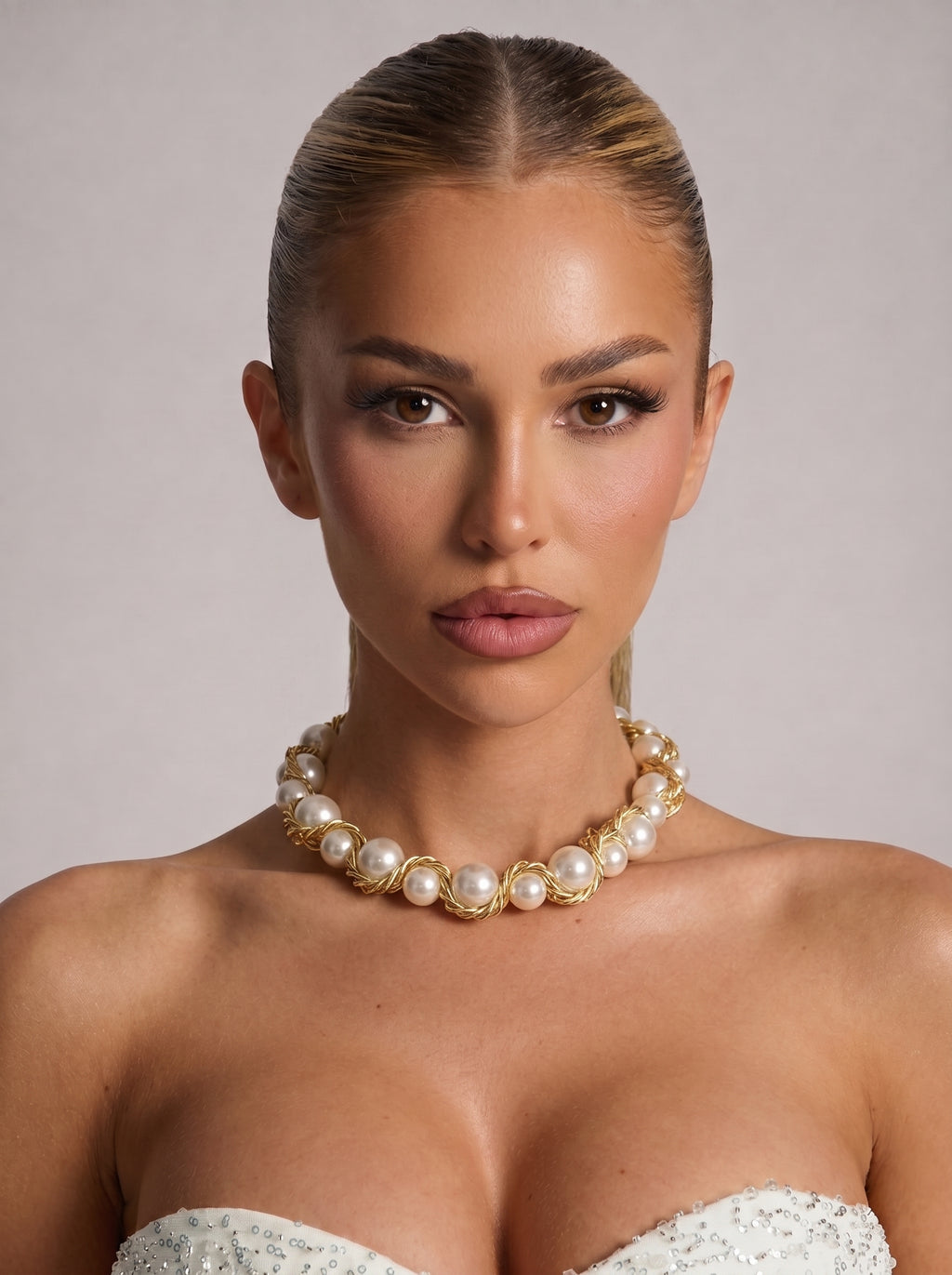 SELENA - Collar de perlas con trenzado de cadena dorada en baño de oro de 18k™