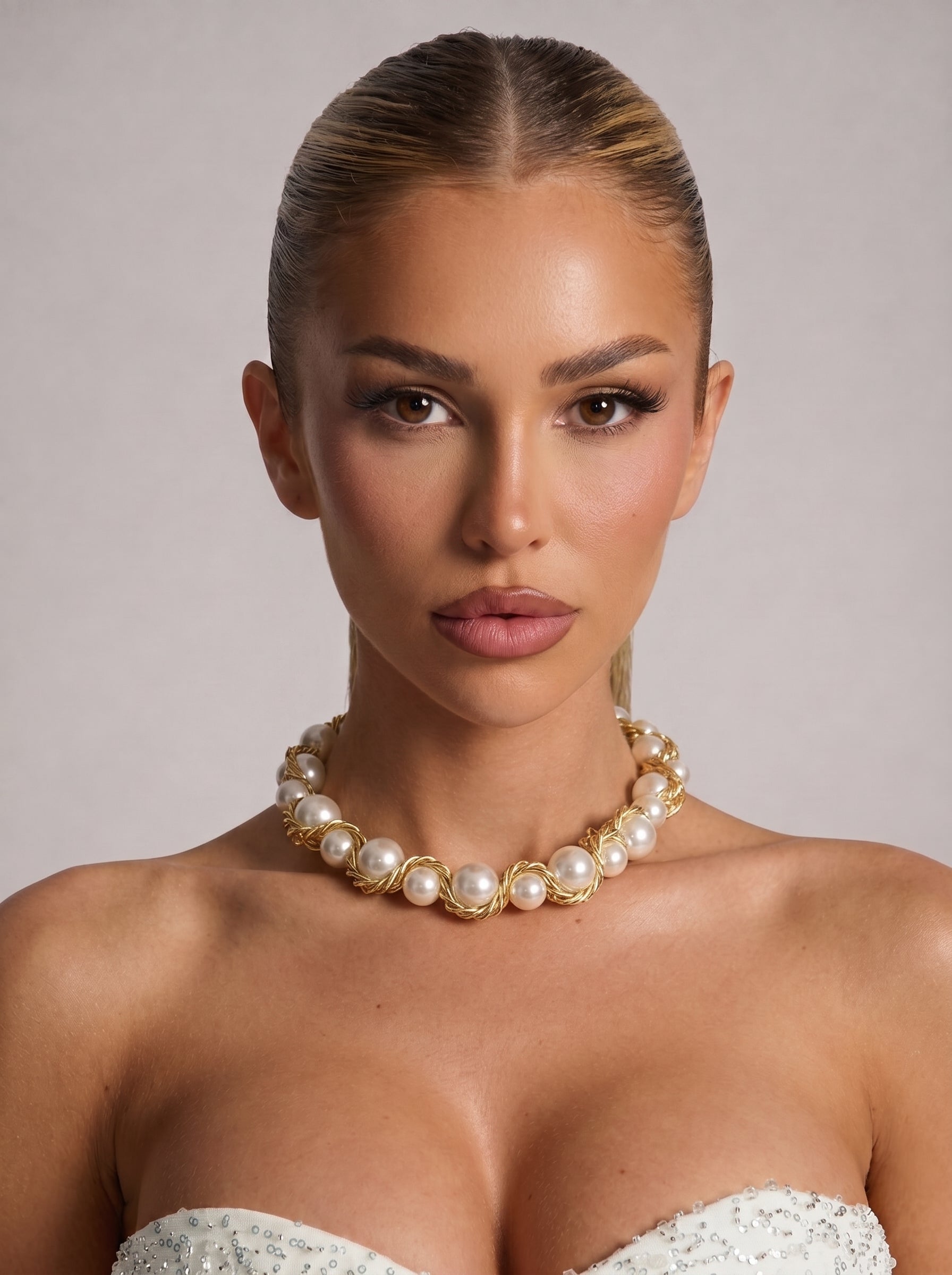 SELENA - Collar de perlas con trenzado de cadena dorada en baño de oro de 18k™