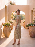 CALANDRA - Vestido midi estampado de fiesta con escote en V y nudo drapeado™