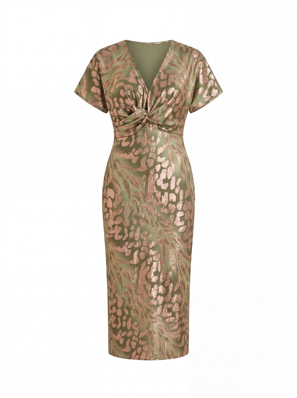 CALANDRA - Vestido midi estampado de fiesta con escote en V y nudo drapeado™
