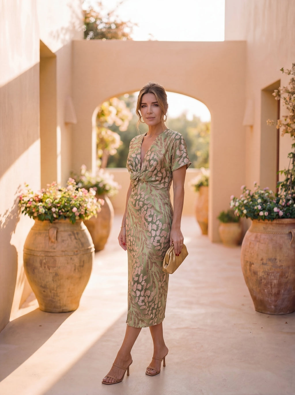 CALANDRA - Vestido midi estampado de fiesta con escote en V y nudo drapeado™